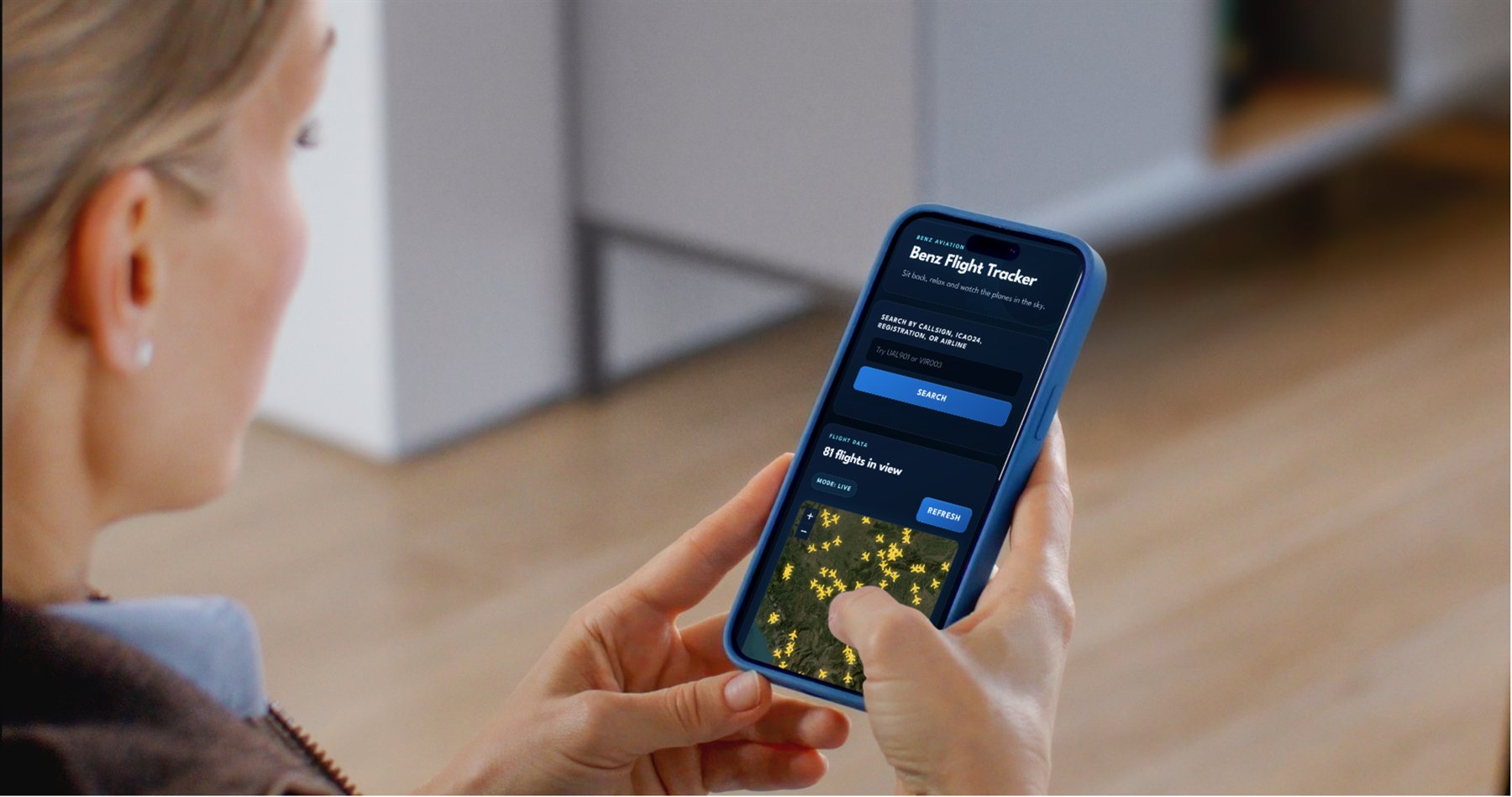 Benz Flight Tracker displayed on a mobile phone